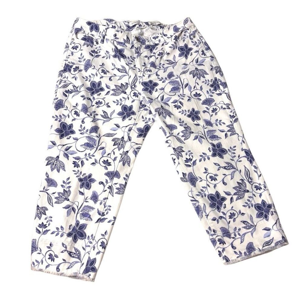 J. Jill authentic print 16P blue & white floral print raw edge hem crop jeans
